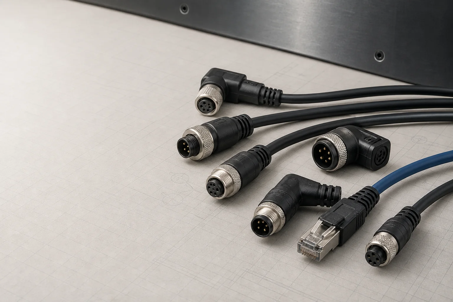 Industrial circular connectors and molded cable assemblies arranged on a technical work surface